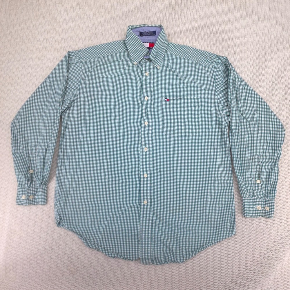 Tommy Hilfiger Shirt Mens Small Green White Gingham Check Long Sleeve Flag Logo